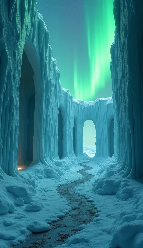 a snowy labyrinth in the arctic under a green aurora borealis, highly detailed, 8k, photorealistic, dramatic lighting, atmospheric, vibrant colors, magical, fantasy, cinematic, ethereal, mystical, dramatic shadows, volumetric lighting, realistic snow textu...