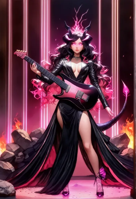 8k resolution, incredibly detailed CG, elegant yet rebellious, seductive, royal presence, mesmerizing aura, (Lillith, Princess of Lust), (guitarist, rock lover:1.3), (long wavy hair:1.3), (pink and black hair:1.3), (eyes glowing pink:1.3), (vertical pupils...