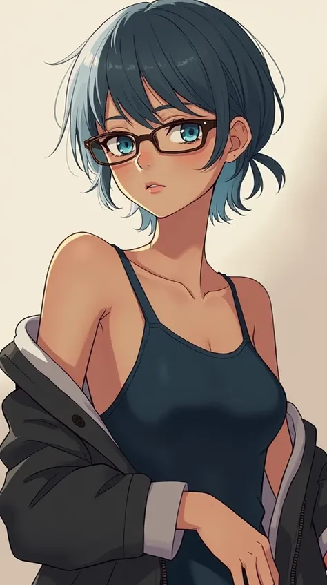  girl, blue eyes, straight blue hair, wears glasses, 2d, brown skin