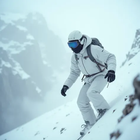 man dressed in white winter clothes, wearing goggles and a face mask, seen from the side, climbing up dangerous snowy mountains, the picture is blurry because of the intense snowfall