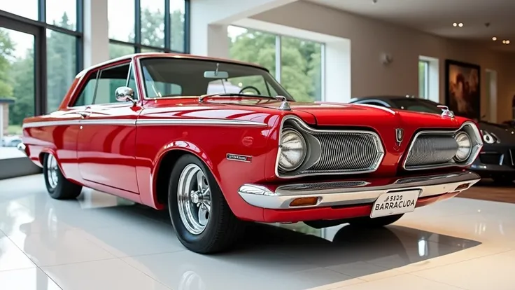 Left view of painted (Gleamy Shiny Red colour )1962 Plymouth Barracuda )with shiny clour  New ( 1962 Plymouth Barracuda )  Officially  sleek in large shape sedan in large size with ( 1962 Plymouth Barracuda   logo on its large detailed grille in shiny Red ...