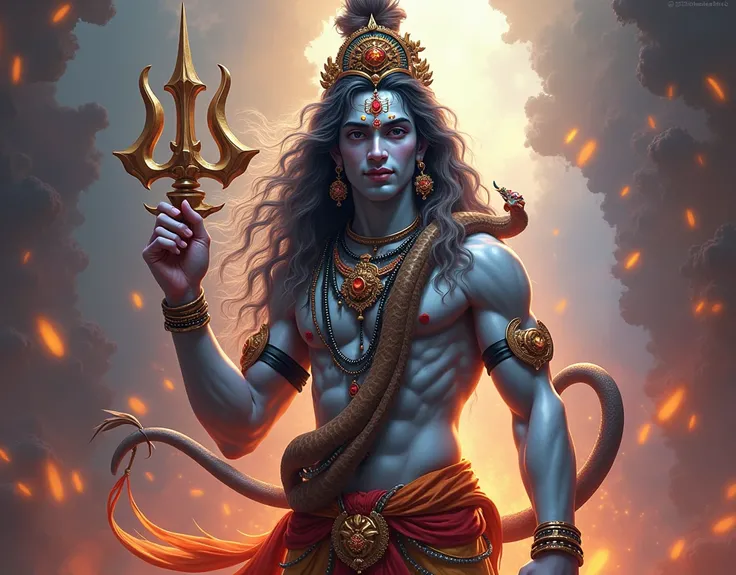 A vibrant digital depicting the Hindu deity Shiva. Shiva has skinny white skin, and has a long curly hair, and has innocent face, a crown in his head, wearing ornate jewelry, and wearing snake in his neck and a trishul in his hand