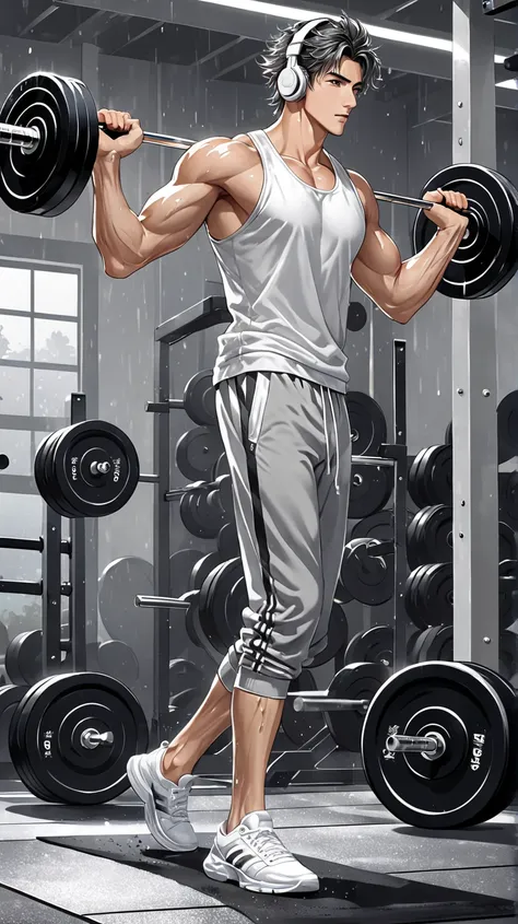 Realistic Anime style 1 handsome guy just ,black semi messy hair,grey sando, grey jogging pants,white sneaker,headphone on ear, full body shot,lifting weights on both hands, sweaty, gym background 