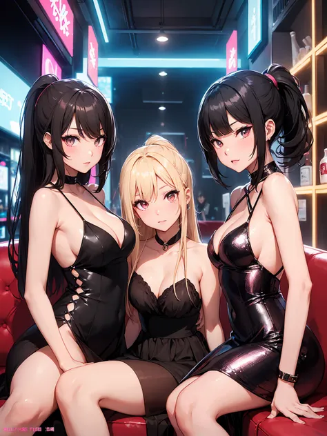 3girls 、(Blackskin blonde ponytail and Brown Skin black straight long hair and Whiteskin short hair Gyarus:1.5, Random gyaru), Chilarism、(nightclub:1.5, Japanese nightclub lady:1.2, Nightlounge:1.2, lounge girls:1.3, neon Light and Dark)、Upper body portrai...