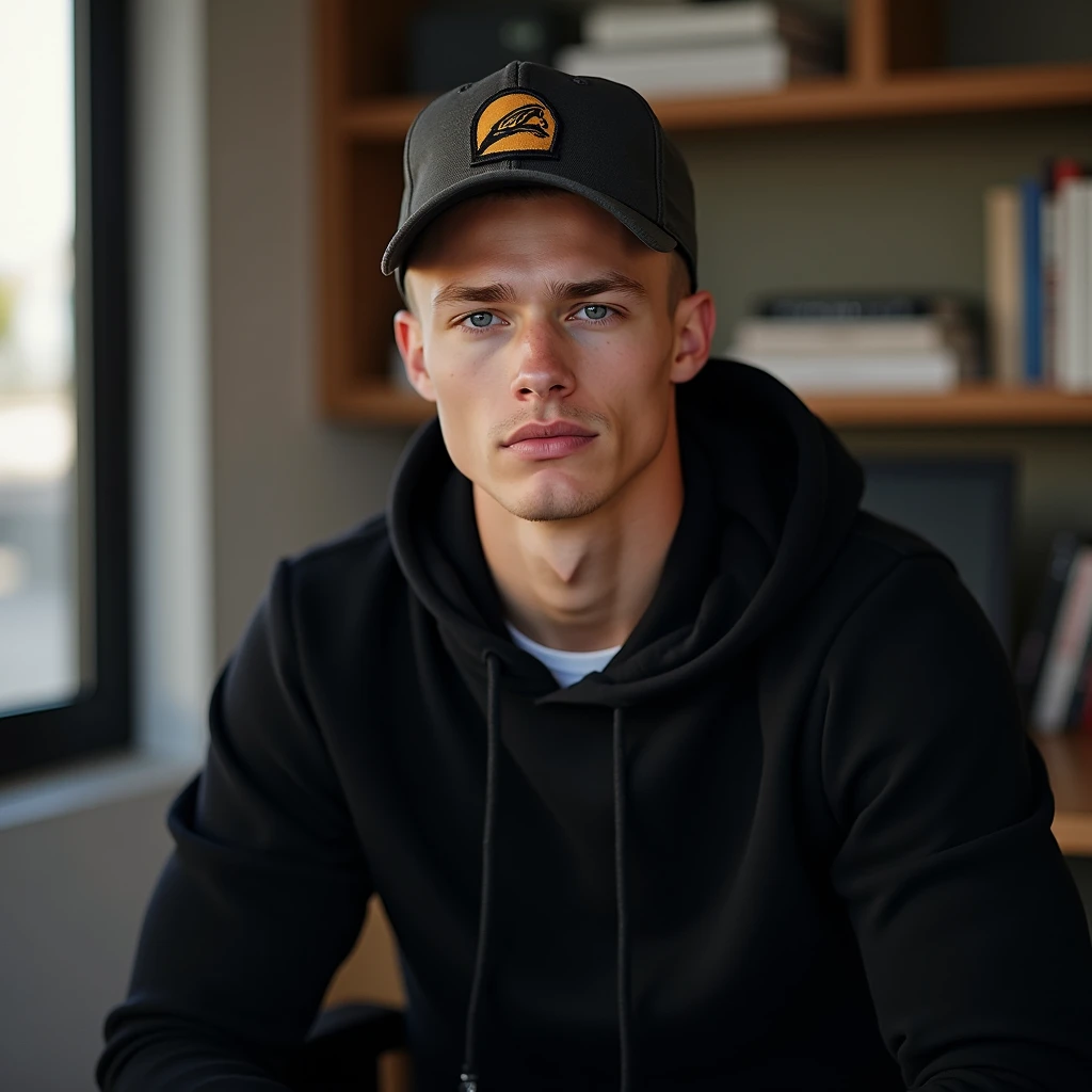 A 25-year-old man with an all-American look, blond hair, piercing blue eyes, subtly chiseled cheekbones, a model-like appearance, and an athletic build, dressed in a sleek black hoodie and a cap, seated in a well-lit studio designed like a stylish content ...