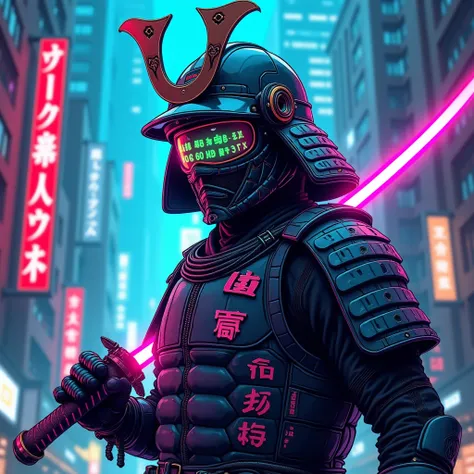 a shirt print of a futuristic samurai holding a neon katana that glows brightly in shades of blue and pink, evoking a cyberpunk aesthetic. His armor mixes traditional Japanese elements with digital circuits and panels. The setting is a city full of tall bu...