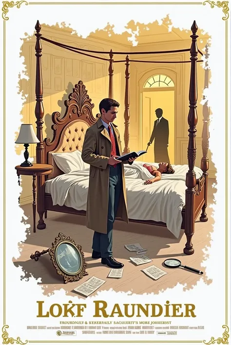 An intricately illustrated thriller movie poster in a classic vintage style, set against a mysterious yellow color palette. The scene depicts a beautiful french young woman dead body on a lavish antique bed, surrounded by an opulent yet eerie bedroom with ...