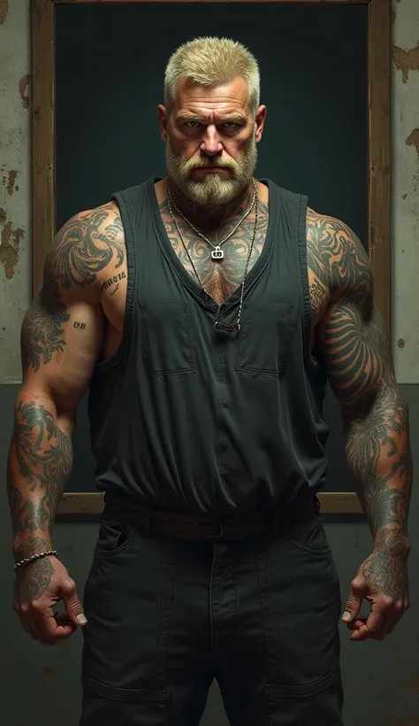 Sergey, 60 years old, Russian, blond, ex-prisoner, convicted of rape, rustic, very handsome, chubby, short beard, devilish look, many body tattoos, facial tattoos, wearing prison clothes