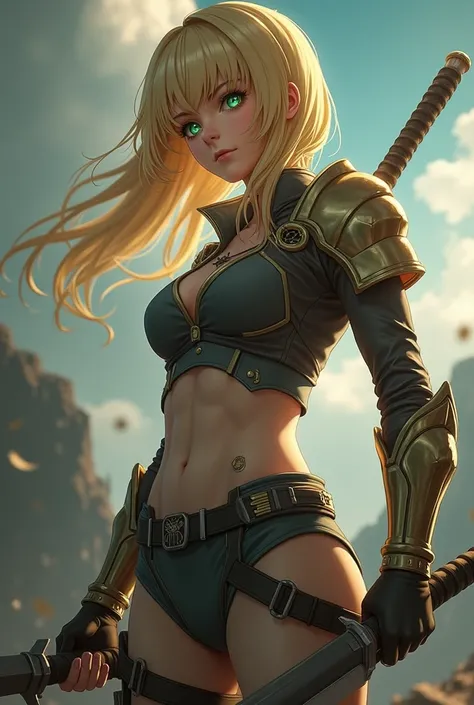 Attack on Titan Anime Girl,  green eyes ,  blond hair to the shoulders 