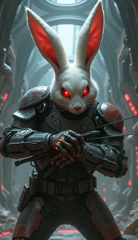 there is a cyborg rabbit that is holding a archer, background er inside spaceship, cyber rabbit is agressiv and have red eyes.war situation. Star war sceen