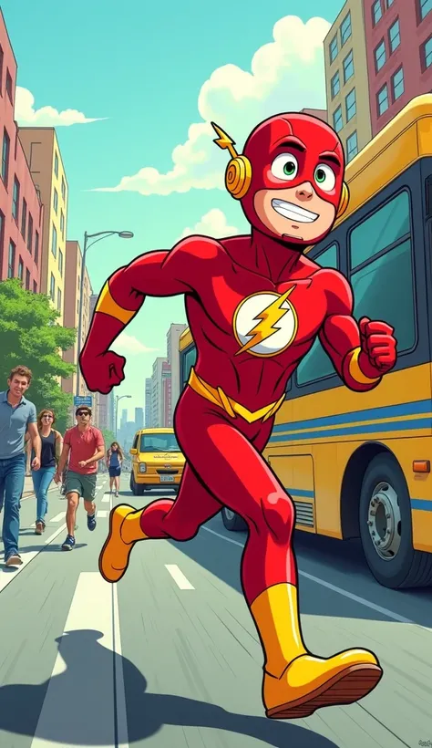  Create a Cartoon-style scene inspired by Crayon Shin-Chan,  showing Flash running down a busy city street .  The Flash is portrayed in his iconic red costume ,  running so fast that everything around him Its blurry ,  creating a feeling of extreme speed ....