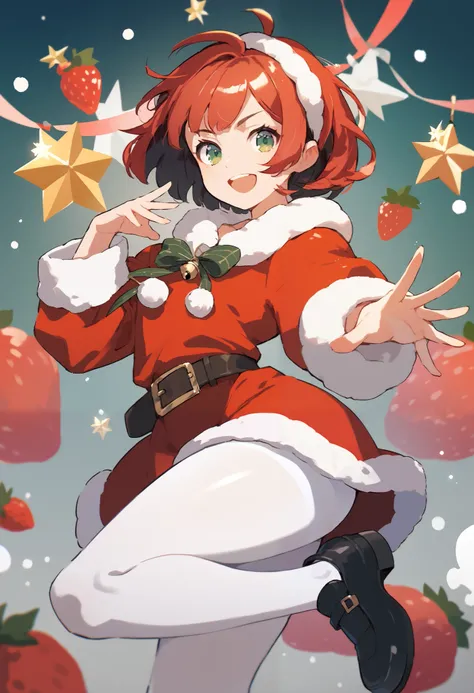 boy, femboy, bob cut, layered hair, strawberry red hair, green eyes, wide hips, wearing short Christmas dress, white pantyhose, black shoes, fun pose, fun background