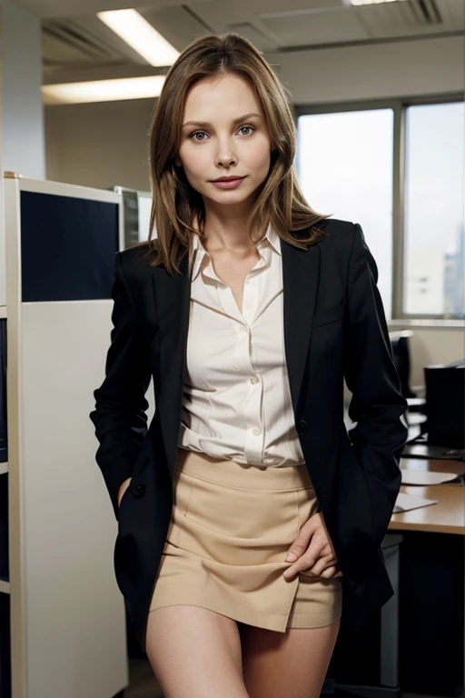 calista flockhart, blonde, office suit skirt,  she is taking off her panties