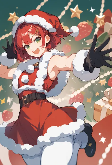 boy, femboy, bob cut, layered hair, strawberry red hair, green eyes, wide hips, wearing short Christmas dress, white pantyhose, black shoes, fun pose, fun background