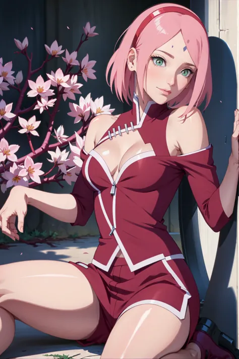 tmasterpiece， Best quality at best， 1girll， Sakura Haruno， Large breasts，Off-the-shoulder attire，（cleavage)，（upperbody closeup)，Raised sexy，is shy，ssmile，with pink hair，short hair， （Green eyeballs:1.4)， Forehead protection， the cherry trees，Cherry blossoms...