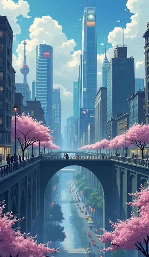 A vibrant anime depiction of paris at night, with neon lights reflecting off skyscrapers and bustling streets, a mix of traditional and modern architecture, cherry blossoms in bloom in the foreground"