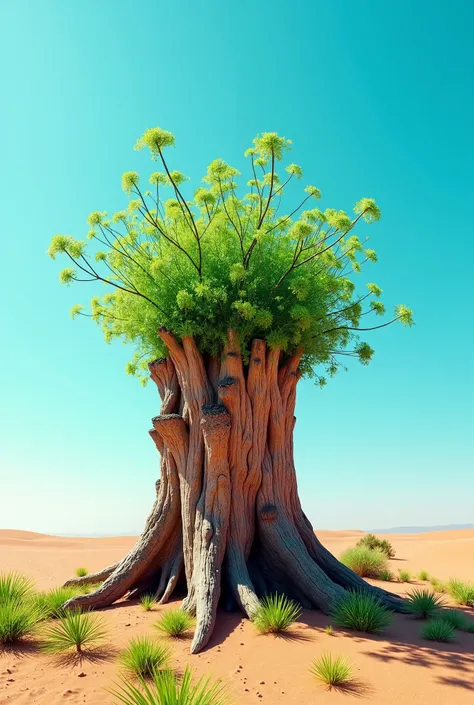 A stump from a cut tree blooms against the blue sky in the desert, green grass grows around the stump