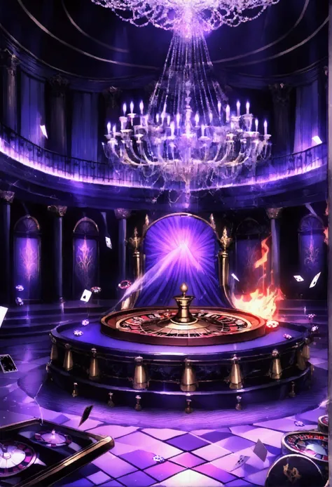 8k resolution, ultra-detailed CG, elegant but dark, mysterious aura, (grand hellish palace), (purple and blue neon lighting: 1.3), (luxurious decoration: 1.2), (cards and casino chips floating in the air: 1.3), (opulent throne: 1.2), (casino-themed furnitu...