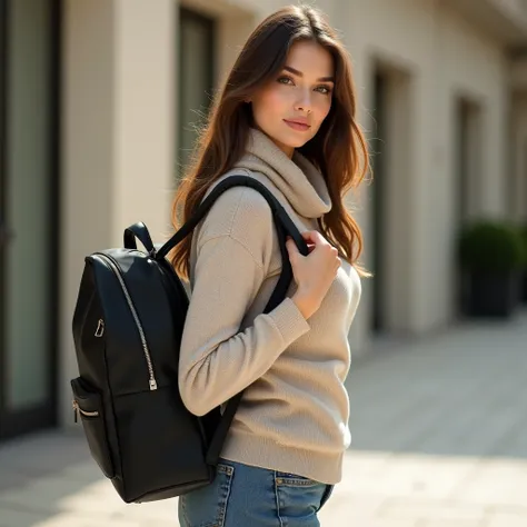 foto profesional de  full body , (photo 4k:1.1) by (Jeremy Lipking:0.3),  full body , elegant woman , soft beige sweater , ,thank you, with scarf, shelter , ((She covers her breasts)),  (((covered breasts))), black backpack bag ,  in profile,  naturally hi...