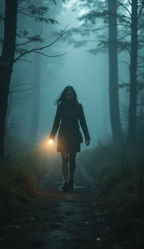 A woman walking along a path in a foggy forest, with a flashlight in her hand illuminating the path. realistic style