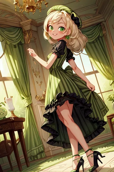 (masterpiece, best quality) 1 boy (Landscape: standing, indoor, intricate detail, sunlight) (Outfit: black and green frilly striped dress, high heels, earrings, beret) (Body: white blonde hair, green eyes, teen gorgeous body, gorgeous legs, lovely) (Expres...