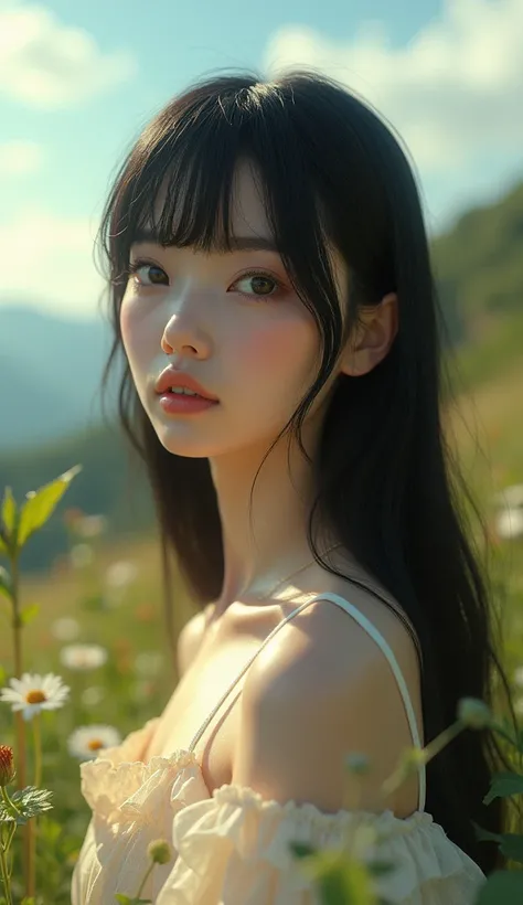   Android girl with smooth black hair and French fringes ,   in a natural landscape   , with sun and clouds  ,   Ultra high cinematic quality hyperrealistic 8k lots of lighting  