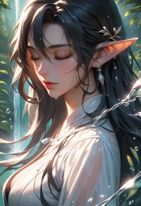 in the style of cksc, close-up, half-body illustration of an exquisitely beautiful elven woman standing directly beneath a powerful, cascading waterfall. The water splashes all over her, drenching her from head to toe, with streams running down her serene ...