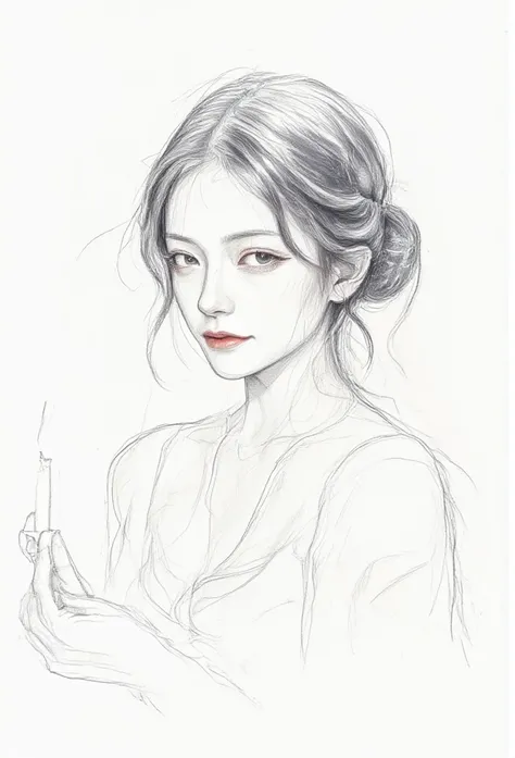 A delicate and minimalist pencil sketch of a serene young woman holding a small lit candle. The candlelight casts a soft, warm glow on her face and shoulders, highlighting her gentle expression and slightly parted lips. Her messy, loosely tied hair is sket...