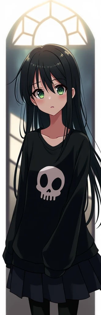 realistic 8k, Lucy Heartfilia, 1girl, black hair, straight hair with side-swept bangs and long straight strands, pale green eyes, xlarge black sleeveless shirt with cute skull, shihaku eyes, nervous pose, sad expression, Transylvania background 