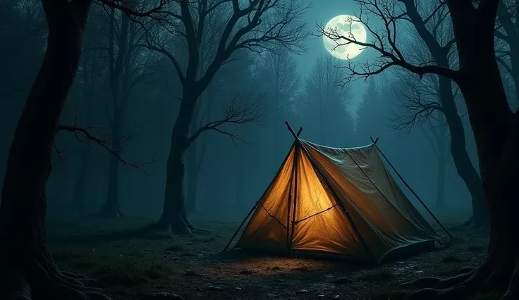 (photorealism:1.2), horror camping tent, in the dark forest, at night, look scary