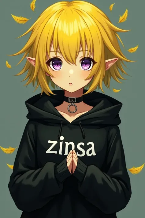  A teenage girl . with short yellow hair . the sweatshirt doesnt cover the oboros {x} in her yellow hair she has yellow feathers sprinkled all over her hair.She doesnt have ears .  the skin seals slightly yellow .  her eyes are purple  . she has a collar ....