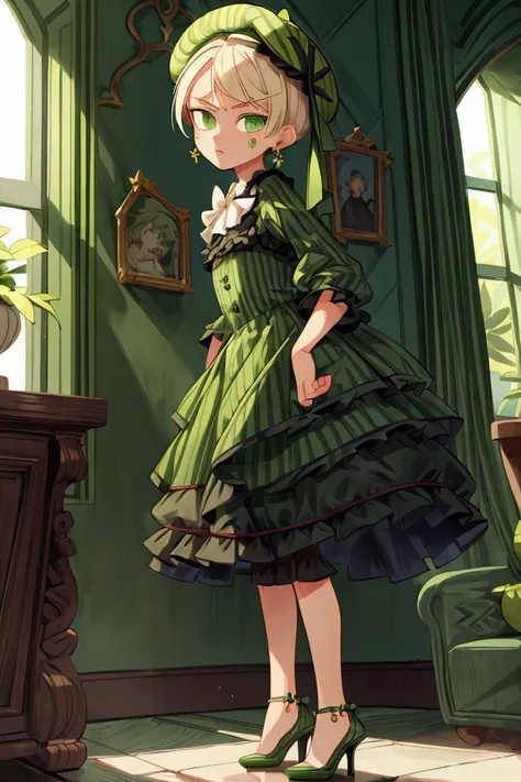 (masterpiece, best quality) 1 boy (Landscape: standing, indoor, intricate detail, sunlight) (Outfit: black and green frilly striped dress, high heels, earrings, beret) (Body: white blonde hair, green eyes, teen masculine body) (Expressions: disgust face)