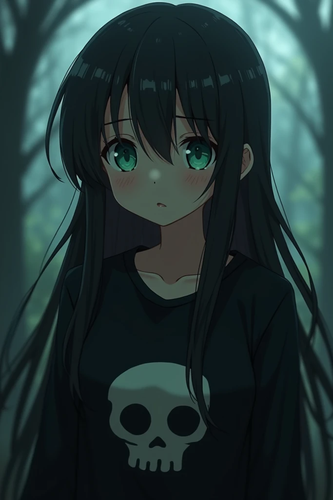 realistic 8k, Lucy Heartfilia, 1girl, black hair, straight hair with side-swept bangs and long straight strands, pale green eyes, xlarge black sleeveless shirt with cute skull, shihaku eyes, nervous pose, sad expression, Transylvania background
