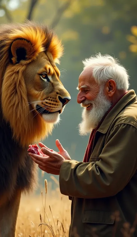 **Feeding ritual**: The lion eagerly taking meat from the old mans hands, showing trust and dependency, while the man smiles warmly