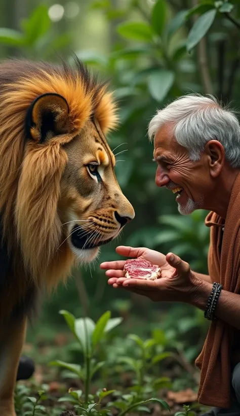 **Feeding ritual**: The lion eagerly taking meat from the indian old mans hands, showing trust and dependency, while the man smiles warmly