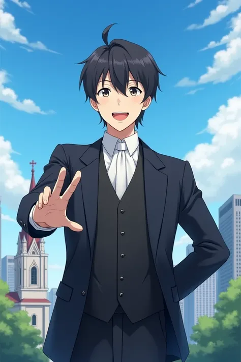  Indications
Copy instructions
A 20-year-old white man with black hair in a formal suit without a tie with a vest, above a church at the tip ,  greeting forward with the blue sky ,  anime type without a tie in the year 1890 with a city in the background ye...