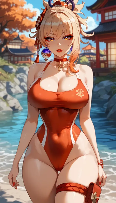  perfect eyes、 Perfectly Sexy Face Swimsuit、 ultra detailed、ultra perfect eyes、Yoimiya、Genshin Impact、shiny hair、( Big breasts ), showing cleavage、Tight Waist、 thin waist 、May、 Thigh straps 、 glowing skin、 tanned skin 、Beleza、erotic、 red eyeliner、 red lips...