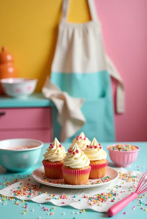 (((Masterpiece))), Create a bright and cheerful scene that reflects the playful joy of baking. A colorful kitchen countertop is sprinkled with vibrant cupcake liners, rainbow sprinkles, and a mixing bowl filled with batter. A plate of freshly baked cupcake...