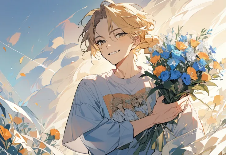  
1men, handsome,20years old, blond hair,braided hair, kind, Poet shirt, bring flowers,bouquet, smirk, wind