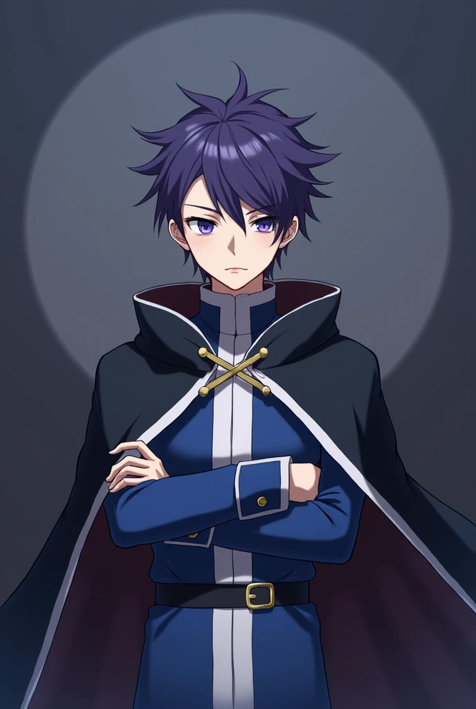 A very tall, 18-year-old boy with short spiky violet hair and violet eyes, thin fit male build, wearing in a black cloak, blue long royal shirt with white on center, black belt, serious expression, crossing arms under chest, anime art style, (best quality,...