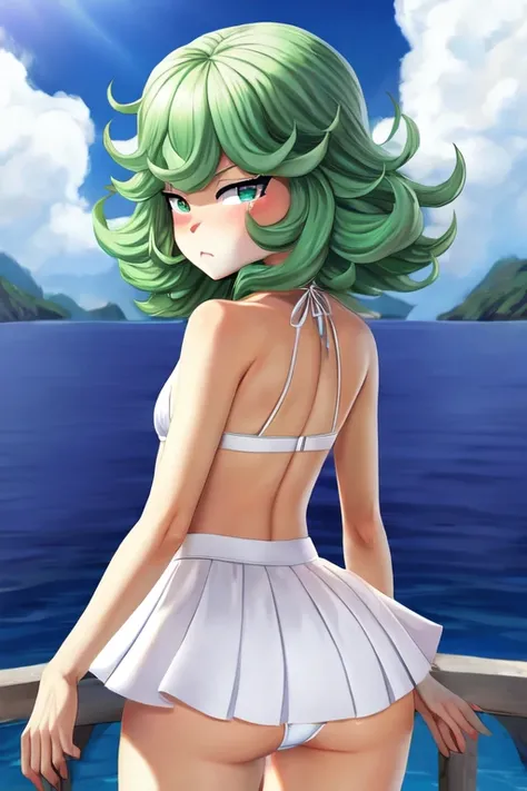 Tatsumaki, white bikini with white skirt, pouting, small breasts, looking back