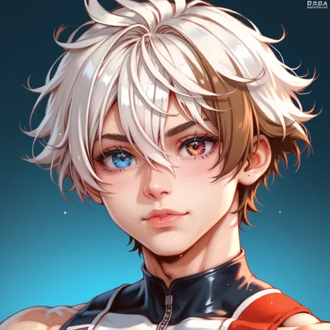 Boy  absurdres,  high definition , super detailed, HDR, masterpiece,  top quality,  extremely detailed face and eyes,, short hair with bangs,  hair between eyes , he has two different hair colors,  bicolor hair ,  right half brown hair , left half white ha...