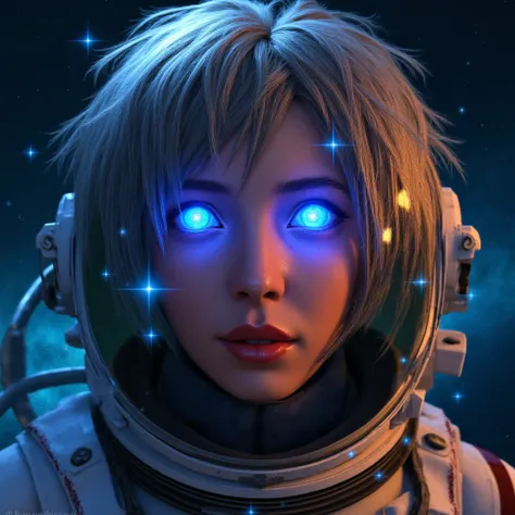 (Close-up of a better masterpiece:1.5)0.9], (Space and astronauts:1.2) (Messy silver hair:1.1) (Heterochromia xanthochromia and blue eyes:1.2) (Space Helmet:1.0) (Colored stars in the eyes:1.0) (A radiant glow:1.1) (thick lips:0.9)