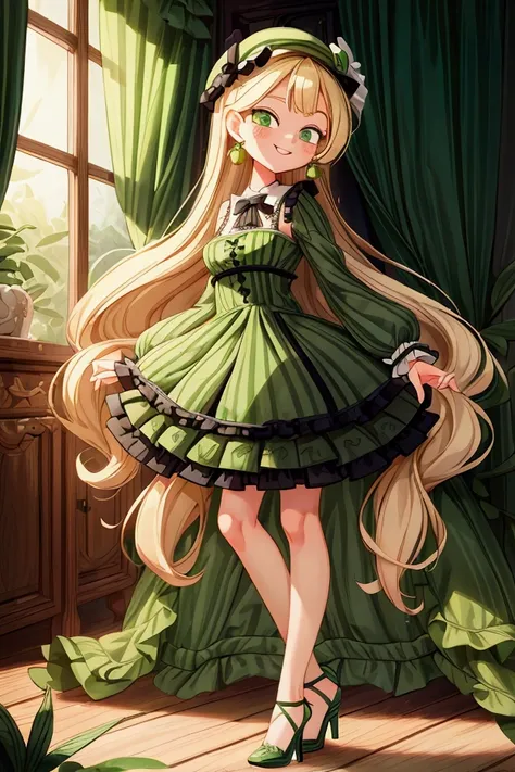 (masterpiece, best quality) 1 girl(Landscape: standing, indoor, intricate detail, sunlight) (Outfit: black and green frilly striped dress, high heels, earrings, beret) (Body: white blonde long hair, green eyes, teen gorgeous body, gorgeous legs, lovely) (E...