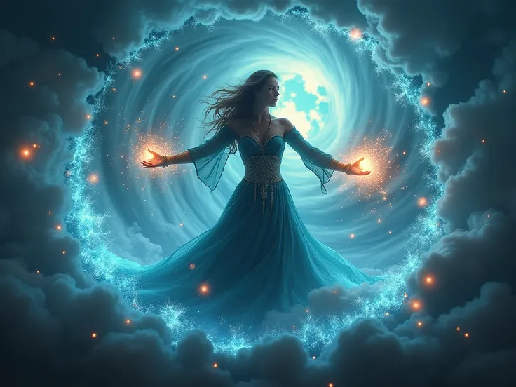 A mystic sorceress stands amidst a swirling vortex of mystical energy, her outstretched hands channelling ancient arcane forces as she unleashes a barrage of glowing, ethereal orbs that burst forth with vibrant colours and intense light. Framed against a b...