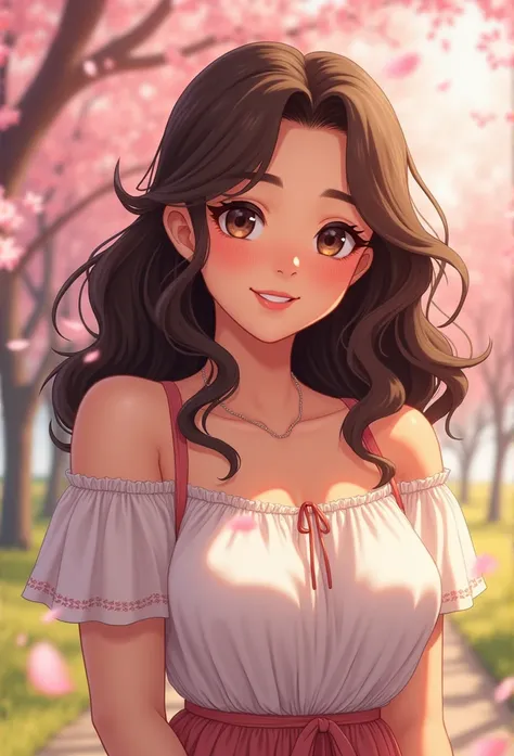 A close-up illustration of a manga-style woman with a curvy  overweighted woman, emphasizing her natural beauty. She has shoulder-length wavy hair and large expressive eyes, with a soft and confident smile. She is wearing a casual outfit, such as a light o...