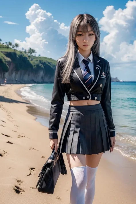 ((  masterpiece )), (( best quality)), (( highres icon)), ((Extremely detailed 8k background image in CG Unity)), Alone, Tachibana Kanade, tan school uniform,  Black skirt ,  white socks ,  outdoor, face, curtain hair, beach, parted hair,  silver hair