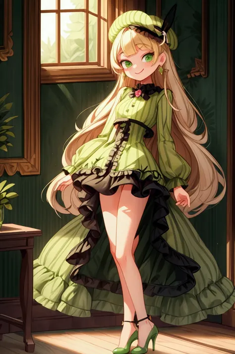 (masterpiece, best quality) 1 girl(Landscape: standing, indoor, intricate detail, sunlight) (Outfit: black and green frilly striped dress, high heels, earrings, beret) (Body: white blonde long hair, green eyes, teen gorgeous body, gorgeous legs, lovely) (E...