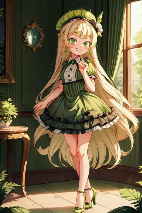 (masterpiece, best quality) 1 girl(Landscape: standing, indoor, intricate detail, sunlight) (Outfit: black and green frilly striped dress, high heels, earrings, beret) (Body: white blonde long hair, green eyes, teen gorgeous body, gorgeous legs, lovely) (E...