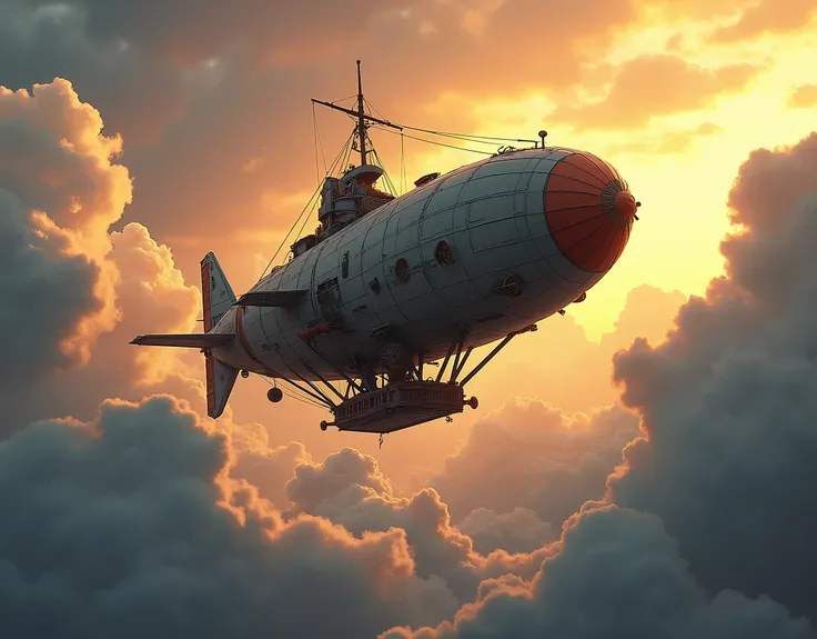 an airship flying through epic clouds, dusk, warm colours, realistic light, epic composition, (complex details), (complex design, ultra-details :1.2), Art Station, (Masterpiece, Best Quality), Ultra HD, 32k --v 6 as a drawn comic character with strong line...